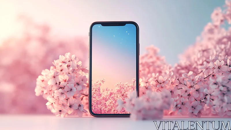 Smartphone framed by soft pink cherry blossoms at dusk.