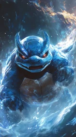 Fiery water beast surging through crashing cosmic waves.