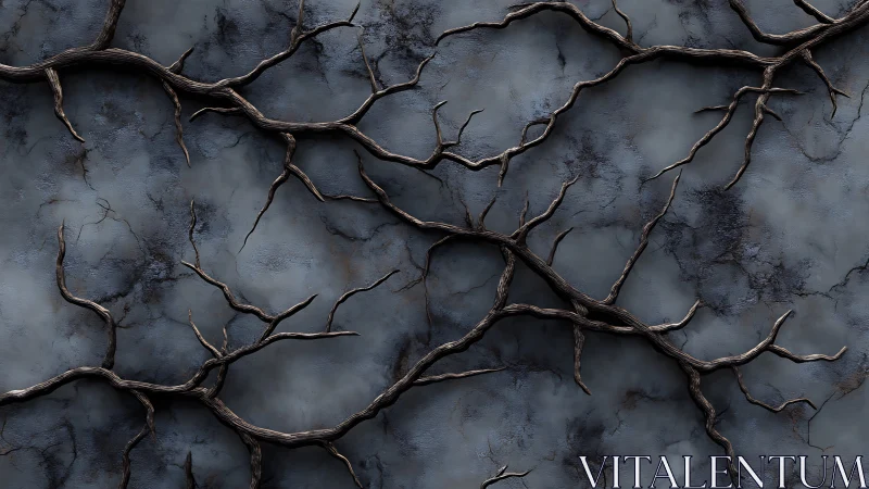 Digital painting of gnarled roots over cracked stone wall.