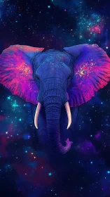 Cosmic neon elephant portrait in frontal symmetric layout.