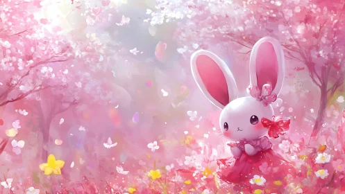 Cute bunny character in pink dress among cherry blossoms.