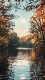Autumnal riparian corridor with specular water reflections.