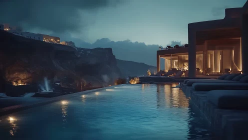 Midnight infinity pool hums softly above the coastal cliffs
