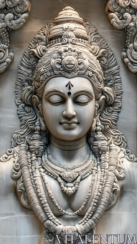 Serene stone goddess relief radiates ornate sacred elegance