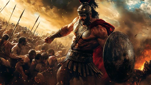 Armored Spartan warrior roars forward leading brutal battle line