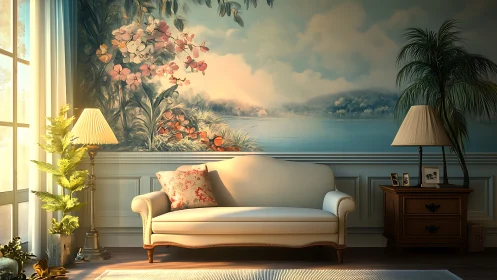 Sunlit neoclassical lounge with panoramic painted lakeside wall.