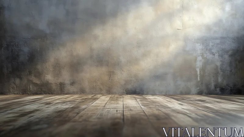 Weathered wooden floor meets textured concrete wall in soft raking light