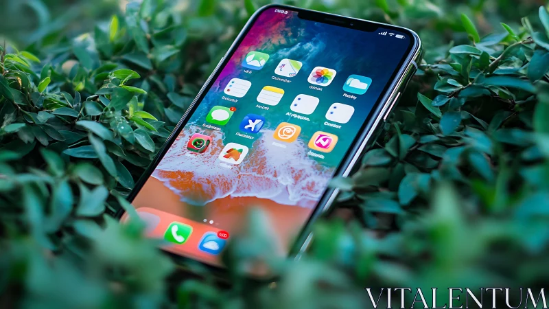 iPhone Home Screen Nestled Among Green Foliage Outdoors