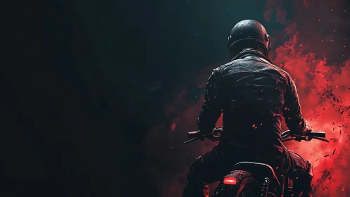Motorcyclist in dark scene against red explosive glow.