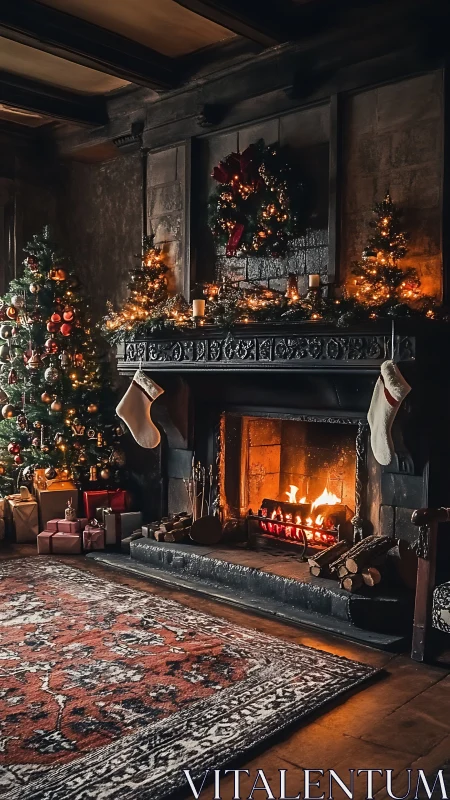 Warm Christmas fireplace scene with decorated tree and stockings