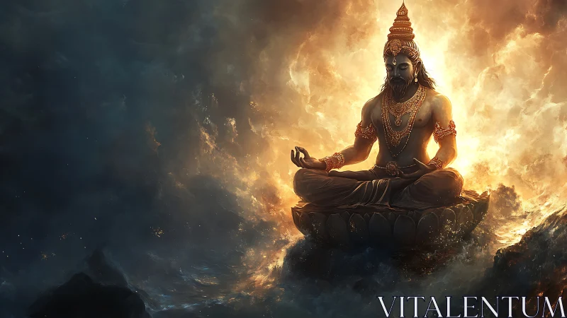 Divine yogi meditates on lotus amid cosmic fire storm.