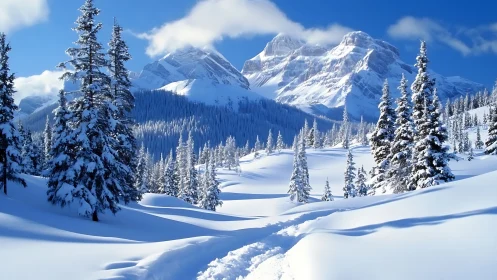 Snow-covered conifer forest with distant alpine mountain peaks.