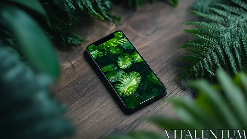Smartphone on wooden surface displays vivid tropical foliage