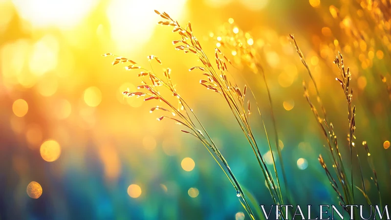 Backlit meadow grass with warm golden morning bokeh glow.
