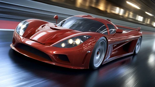 Crimson hypercar streaking through a neon tunnel sprint.