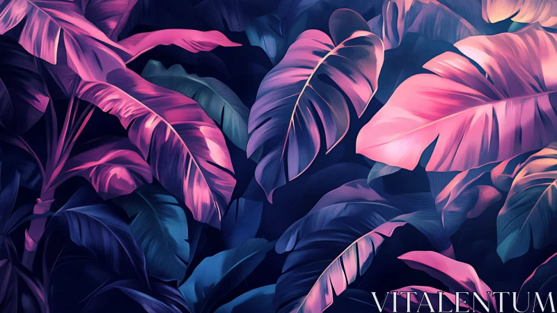 Chromatic banana foliage in neon-duotone digital rendering.