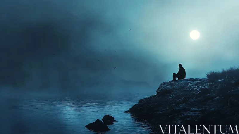 Solitary human figure on rocky shoreline under full moon.