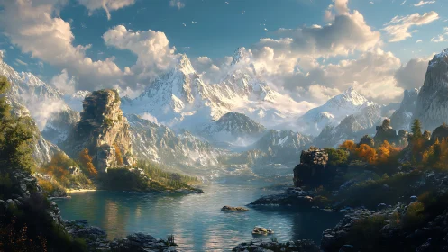 Digital painting of alpine lake with dramatic snow peaks panorama.