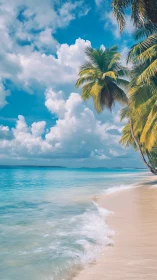 Tropical Beach Paradise with Palm Trees, White Sand, and Azure Waters.