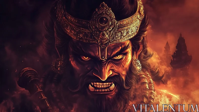 Mythic warlord portrait in fiery infernal battlefield lighting