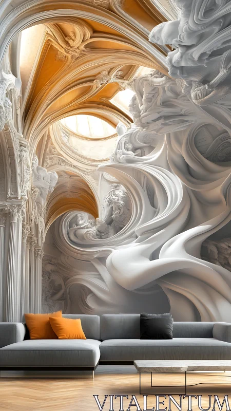 Modern living room with ornate surreal architectural mural.