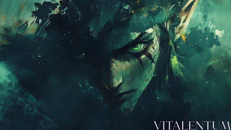 Elven humanoid portrait in teal abstract digital haze.