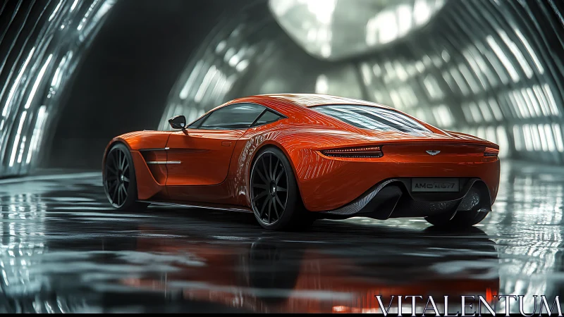Aerodynamic orange supercar in futuristic tunnel environment.