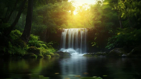 Waterfall in Lush Forest Sanctuary.