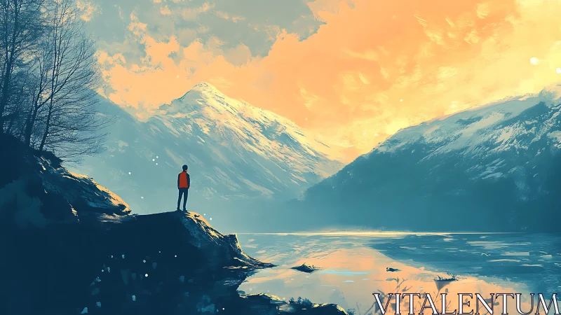 Solitary figure observes snow-covered mountains across lake