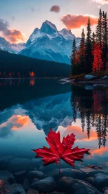 Crimson maple leaf mirrors alpine peaks at sunset glow.
