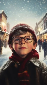 Snowlit wonder crowns a small dreamer in winter streets