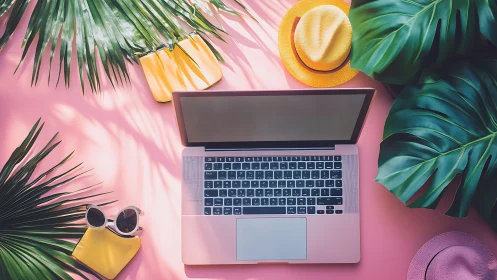 Laptop workspace with tropical leaves and summer accessories.