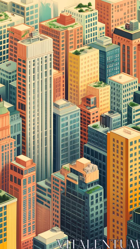 Colorful high-rise cityscape blends density and rooftop greenery.