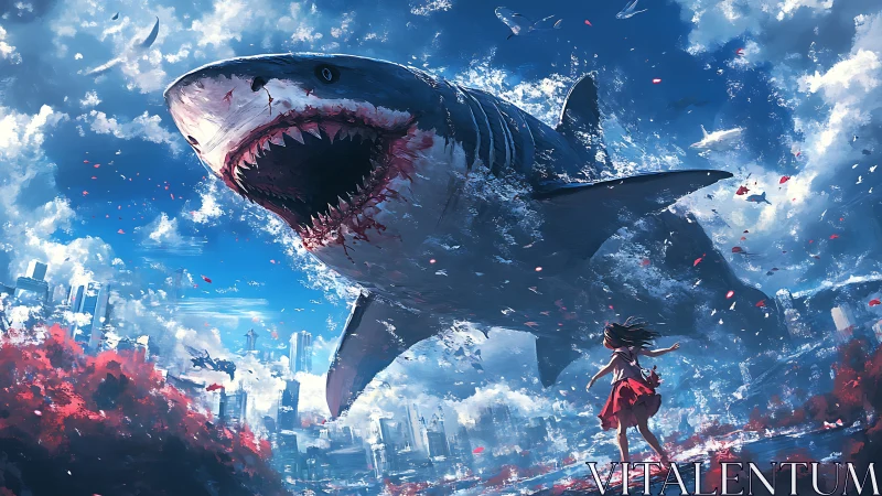 Giant airborne shark over modern city with running figure.