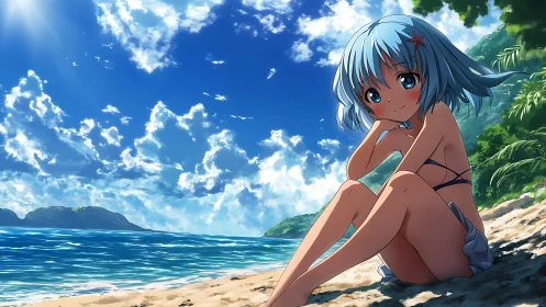 Sunny shore daydream with a relaxed blue haired beach girl