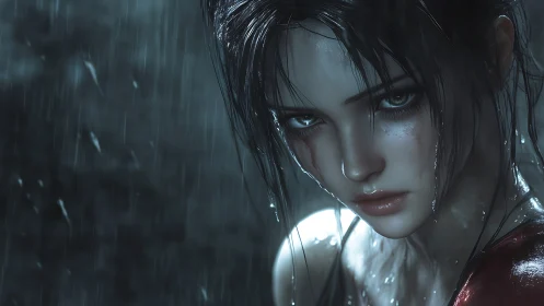 Rain-soaked warrior girl holding quiet, unbroken resolve.