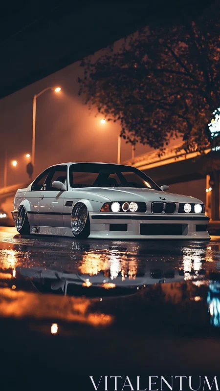 Lowered white sports coupe on wet urban street at night.