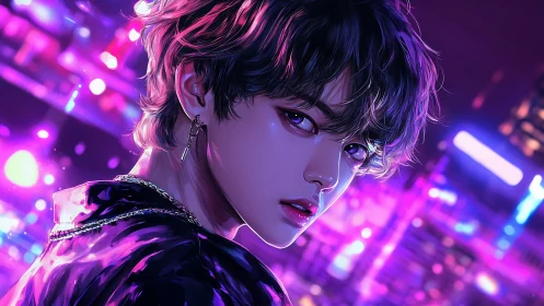 Neon-lit portrait with cyberpunk city glow and reflective gaze.