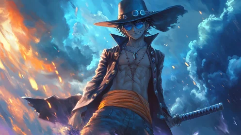 Storm-lit rogue swordsman strides through burning sky.