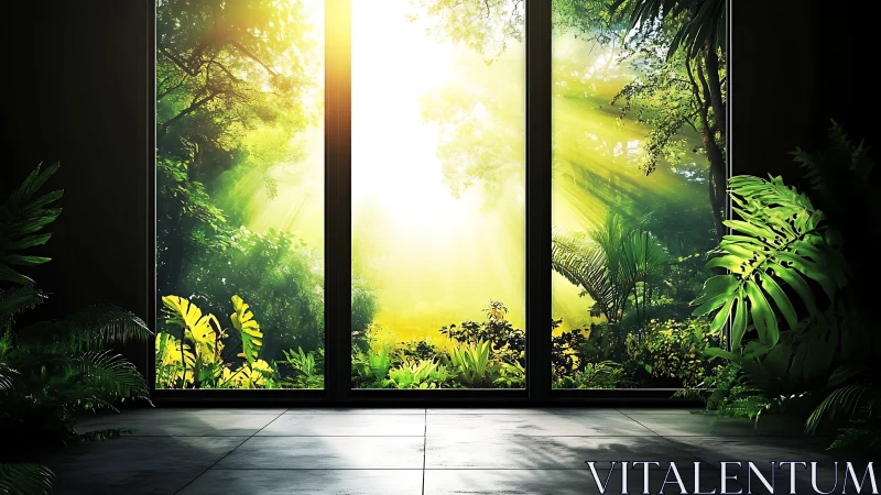 Sunlit rainforest viewed through large floor to ceiling window