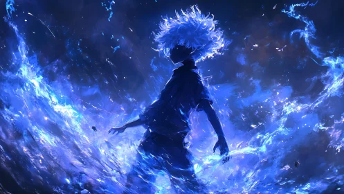 Electric-haired youth commands swirling blue energy storm.