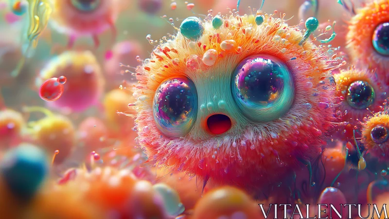 Vibrant micro-creature with iridescent eyes in bokeh nebula.