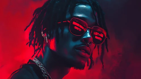 Neon-lit portrait of cool figure in reflective red sunglasses.