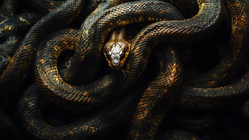 Coiled dark snake locks gaze from dense overlapping loops