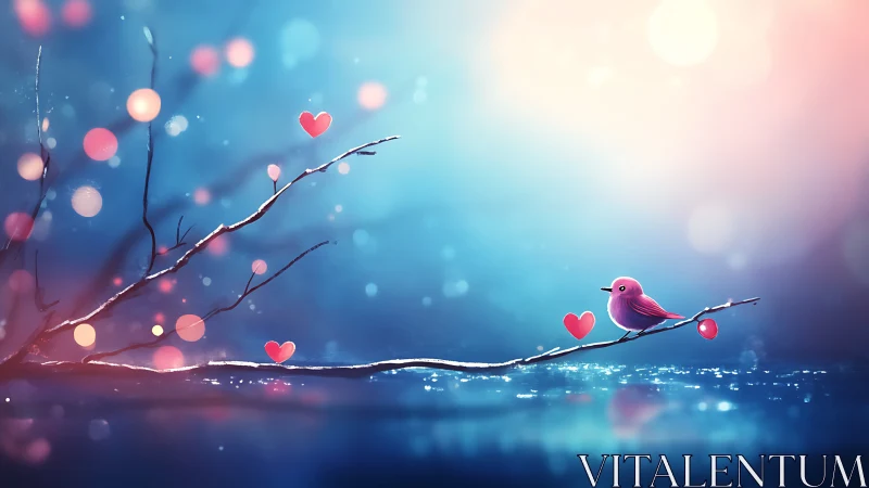Bird perched on branch with floating hearts and bokeh effects