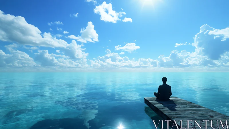 Solitary figure on pier observes tranquil photoreal seascape