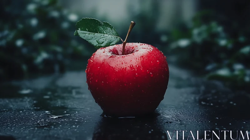 Red apple stands on wet dark surface with detailed droplets