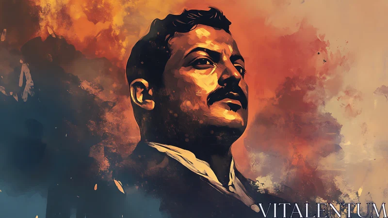 Digital portrait of mustached man with warm abstract background.