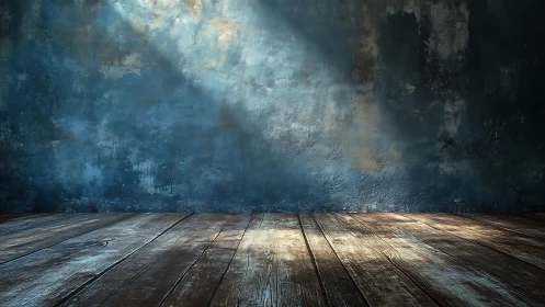 Moody blue studio wall with sunlit rustic wooden floorboards.