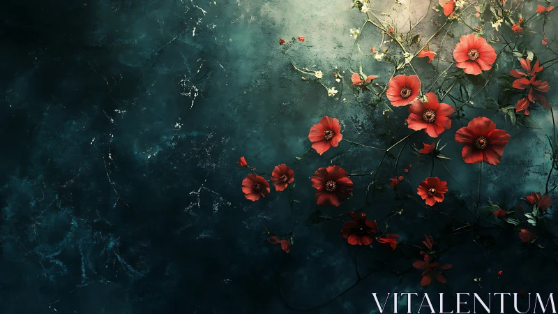 Red flowers arranged on textured dark blue surface.